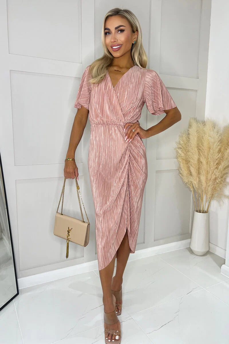 Thea Champagne Plisse Style Wrap Top Midi Dress Koko Rose Boutique