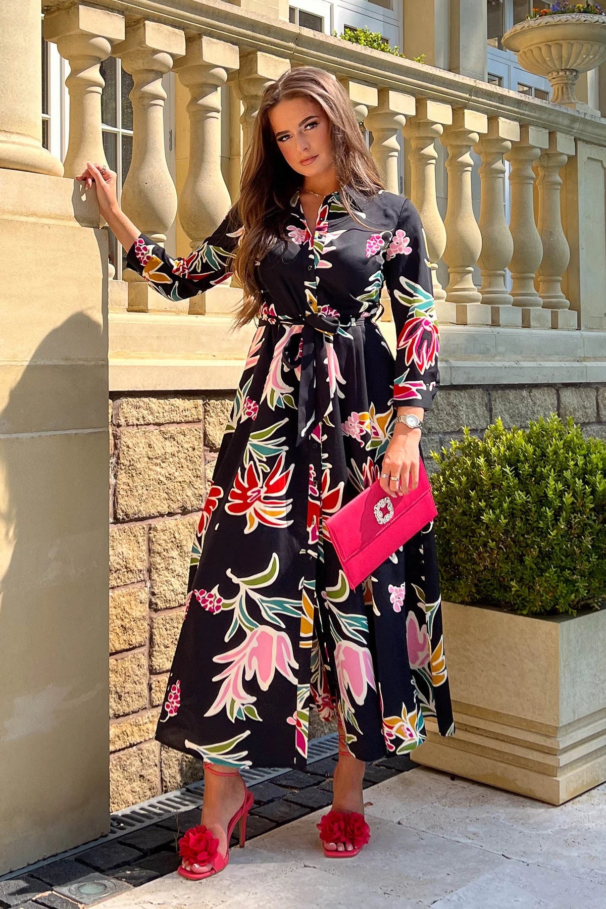 Ana Black Floral Print Belted Shirt Dress Koko Rose Boutique