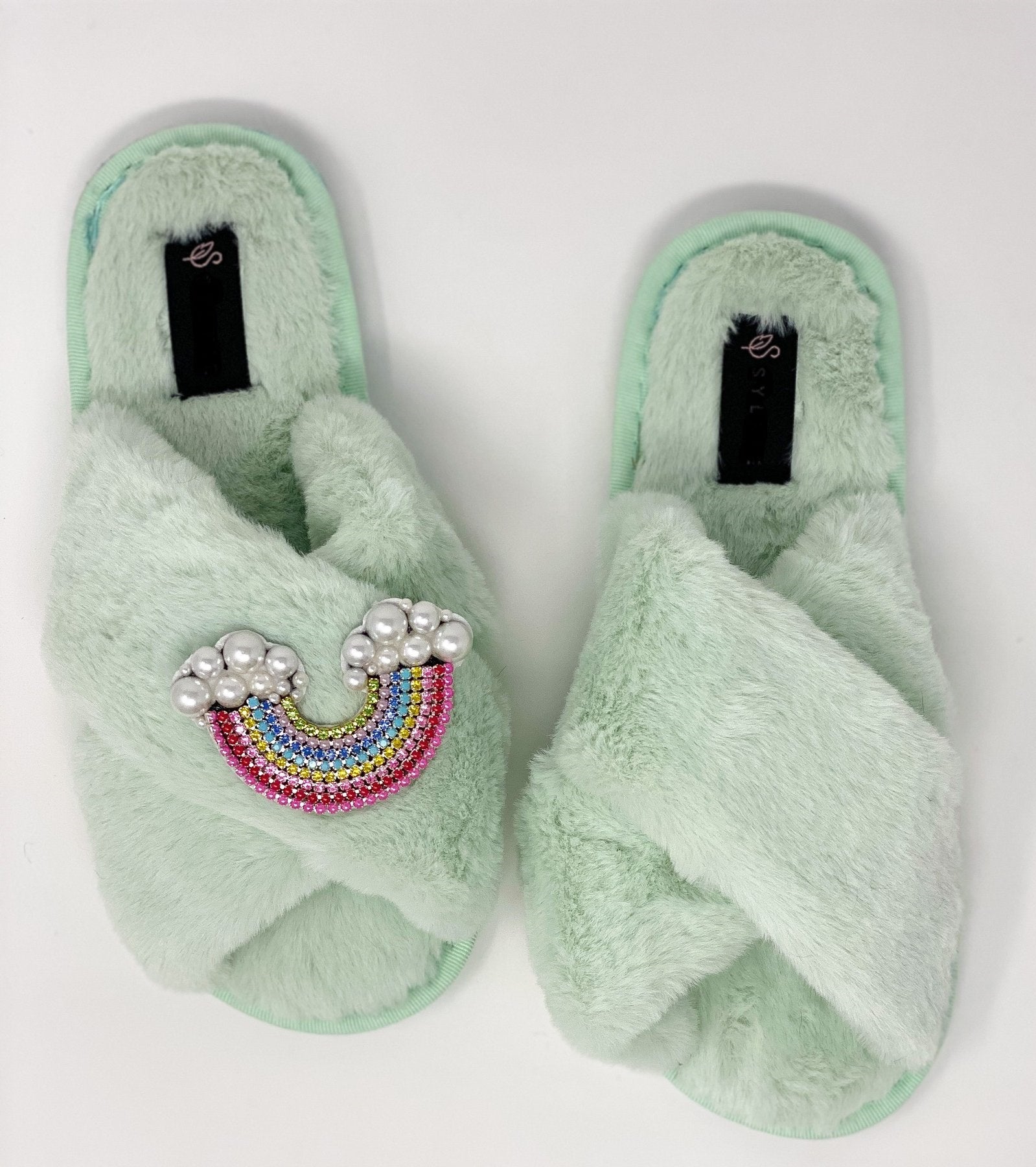 Green discount furry slippers