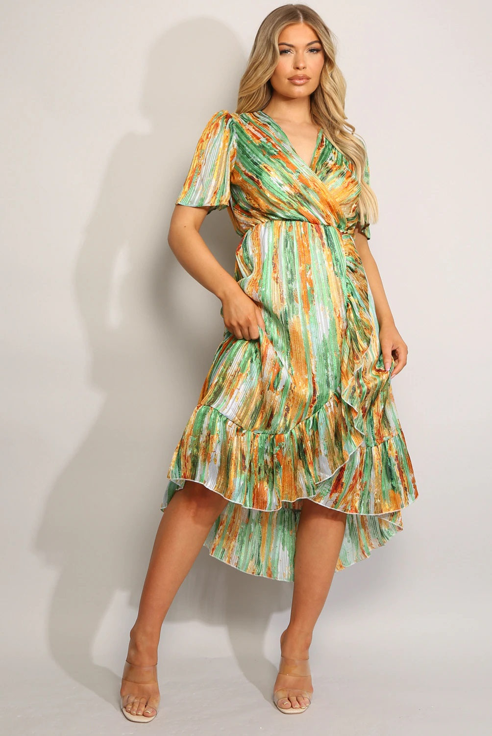 Esme Green Wrap Style Frill Hem Midi Dress Koko Rose Boutique