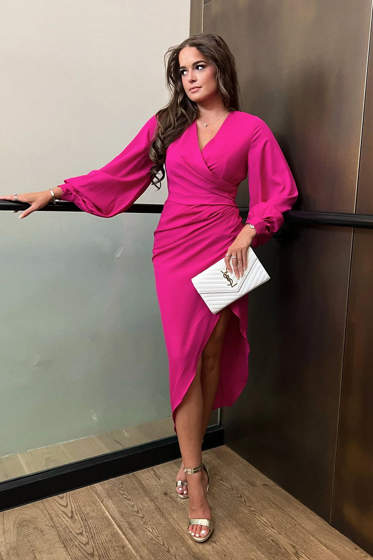 Alexa Magenta Pink Koko Dress Asymmetric Sleeve Long Rose Boutique 