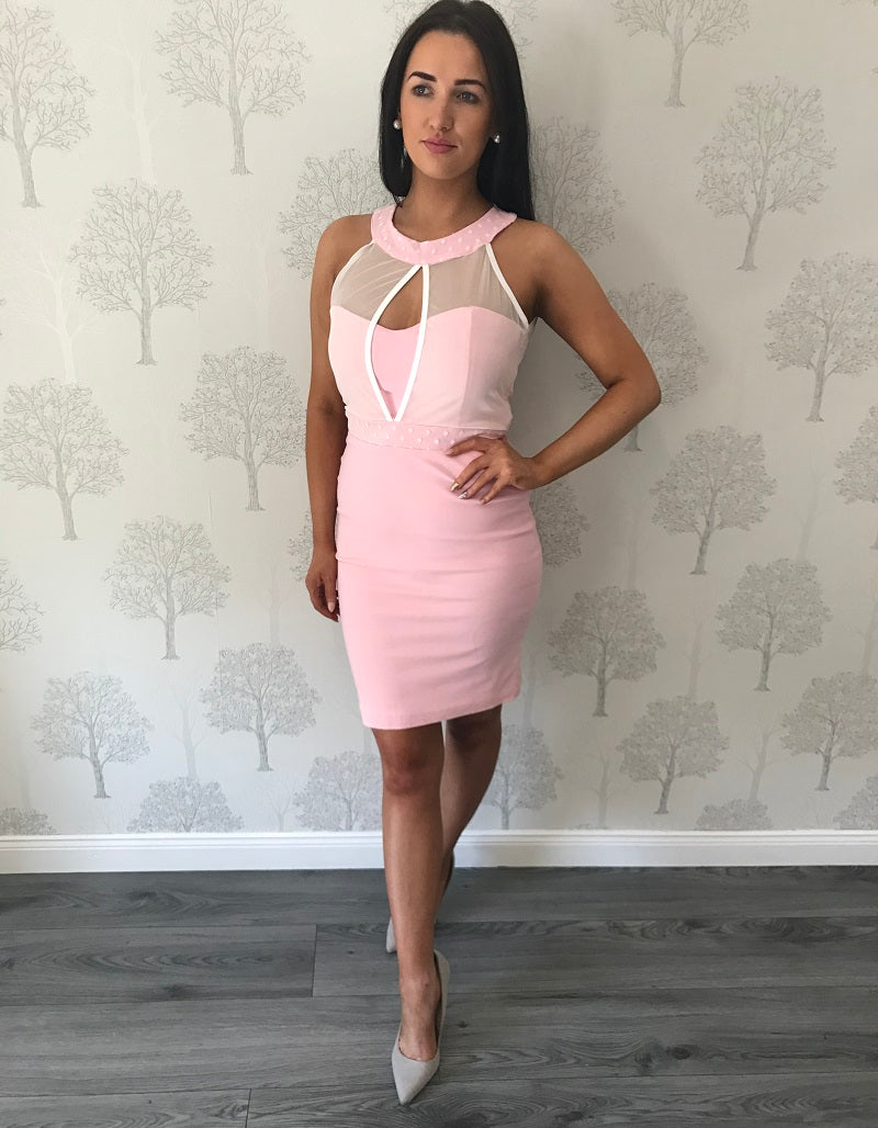 Soft Pink High Neck Mesh Style Knee Length Dress Koko Rose Boutique